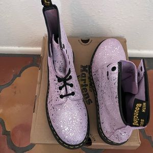 Pink suede Doc Martens with silver splatter